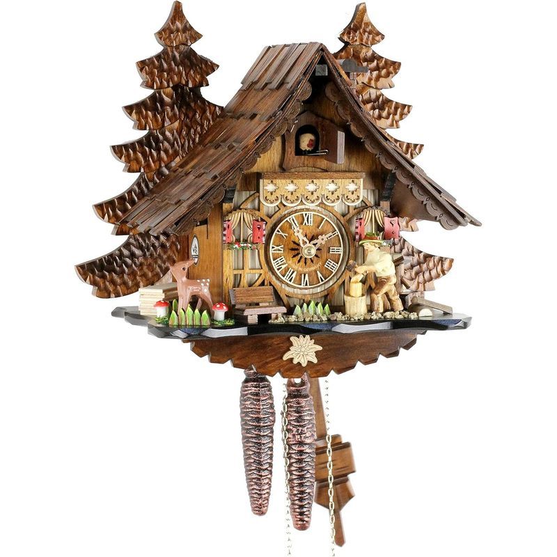 Horloge murale à coucou 31x32 cm, bûcheron et sapins sculptés