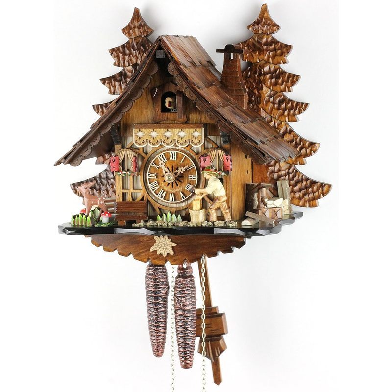 Horloge murale à coucou 31x32 cm, bûcheron et sapins sculptés