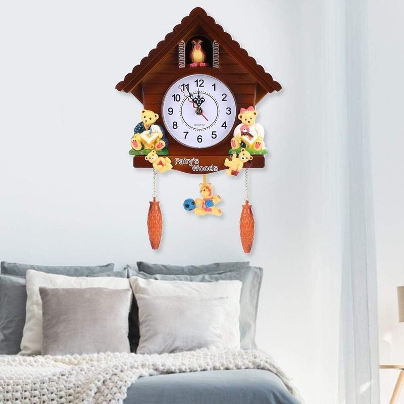 Horloge murale à coucou de 42 cm, maisonnette aux oursons