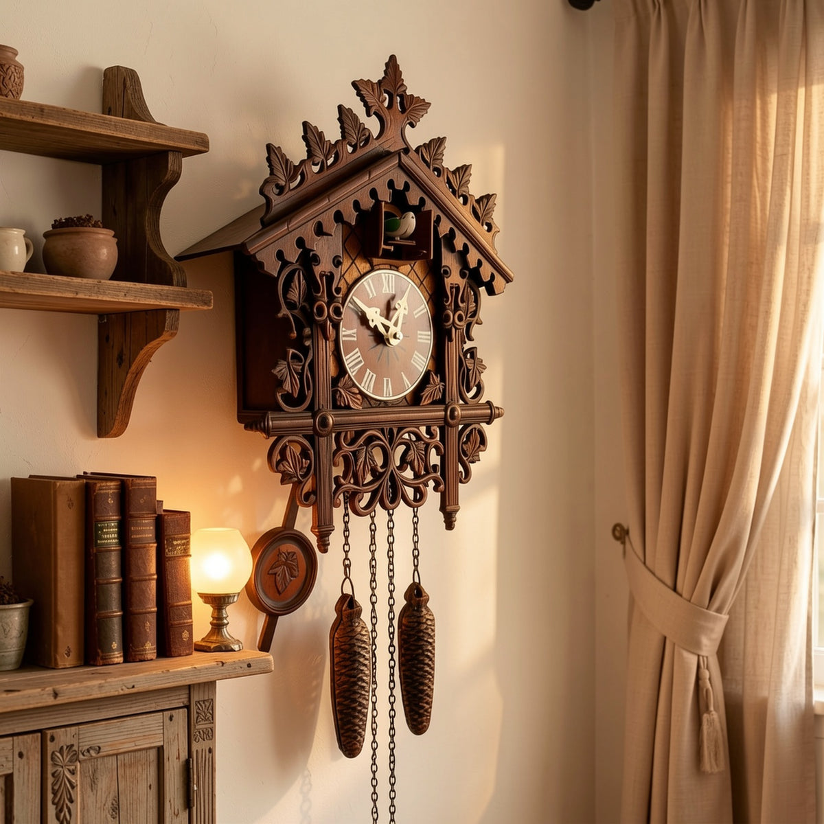 Horloge murale à coucou 45 cm au décor de lierre sculpté
