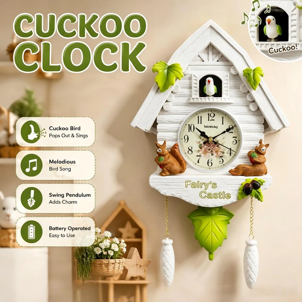 Horloge murale à coucou blanche, écureuils et champignons