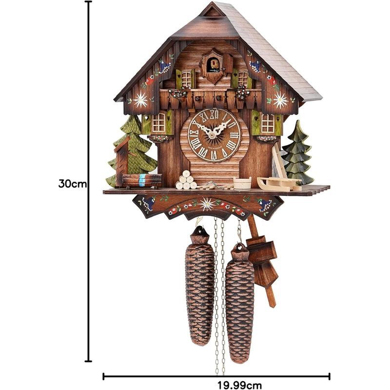 Horloge murale à coucou peinte, chalet et traîneau sculptés