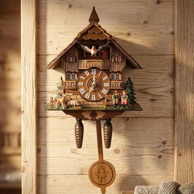 Horloge murale à coucou en bois, sept décors sculptés au choix