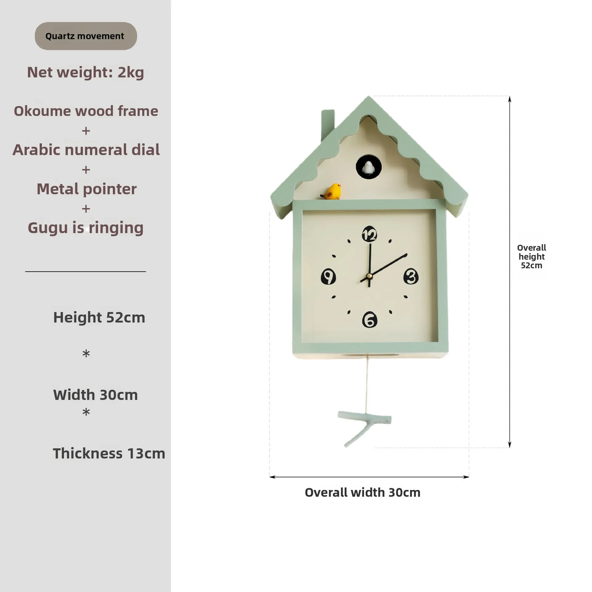 Horloge murale à coucou scandinave en bois d'okoumé 30x52 cm