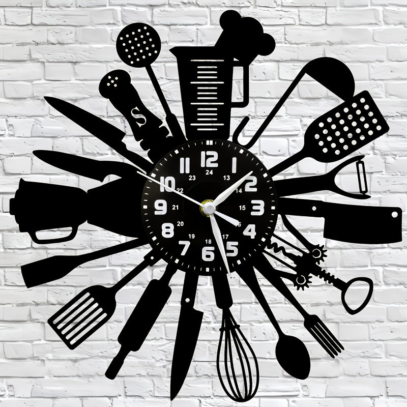 Horloge murale cuisine en vinyle, ustensiles découpés noirs
