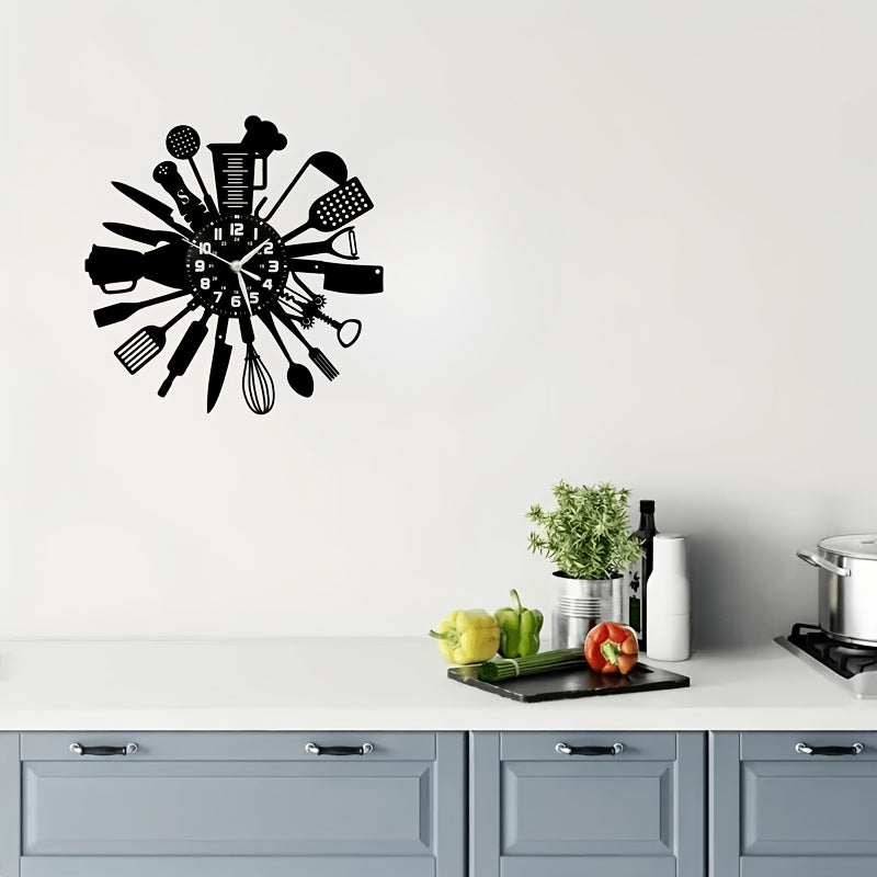 Horloge murale cuisine en vinyle, ustensiles découpés noirs