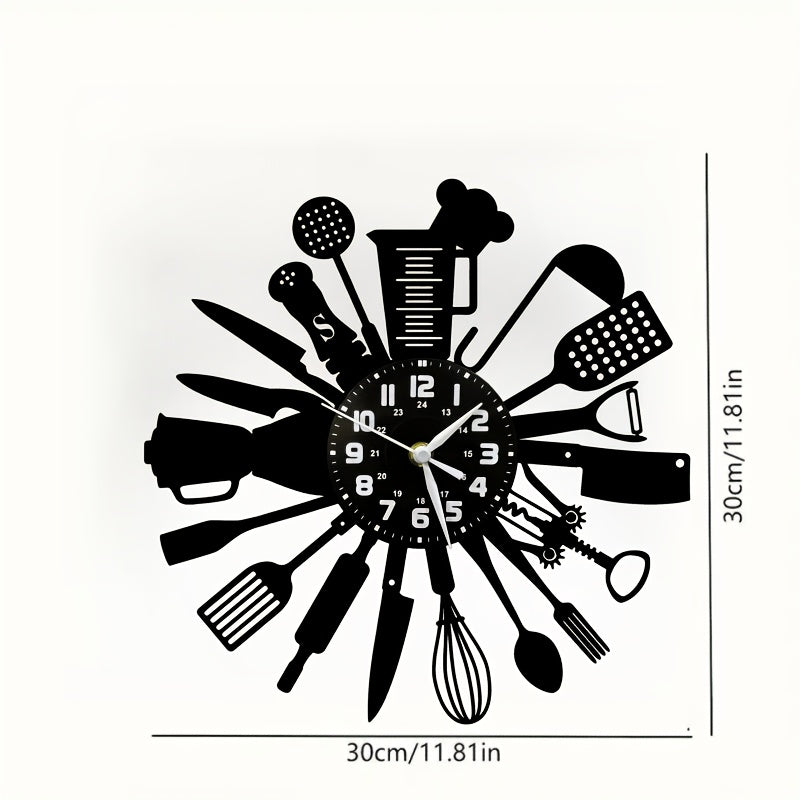 Horloge murale cuisine en vinyle, ustensiles découpés noirs