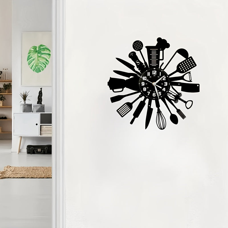Horloge murale cuisine en vinyle, ustensiles découpés noirs