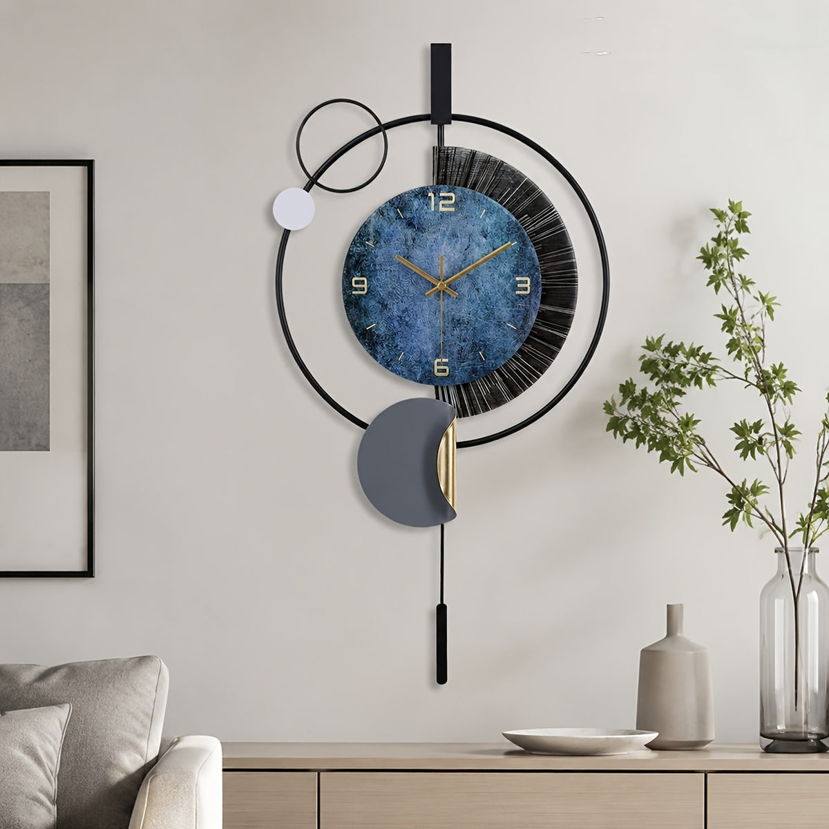 Horloge murale design à balancier, grand cadran bleu 72 cm