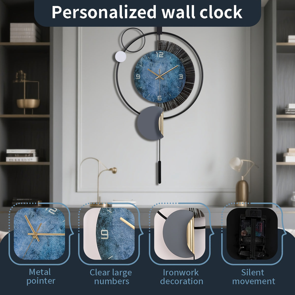 Horloge murale design à balancier, grand cadran bleu 72 cm