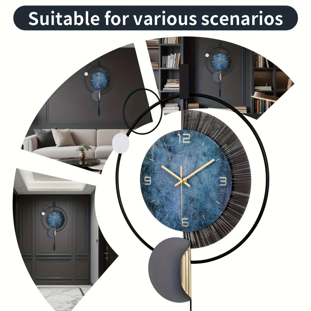 Horloge murale design à balancier, grand cadran bleu 72 cm