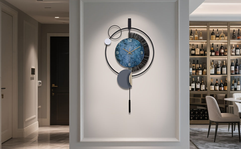 Horloge murale design à balancier, grand cadran bleu 72 cm