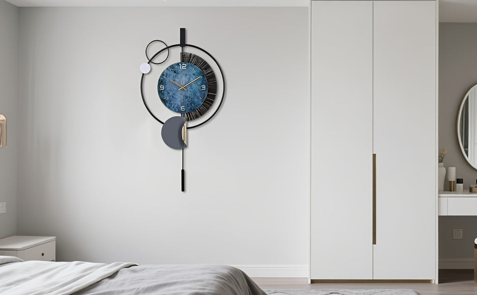 Horloge murale design à balancier, grand cadran bleu 72 cm