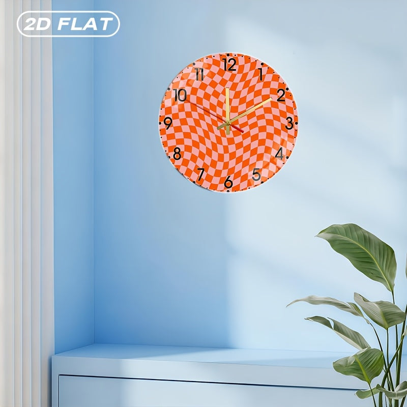 Horloge murale design 25 cm — Damier orange ondulé acrylique