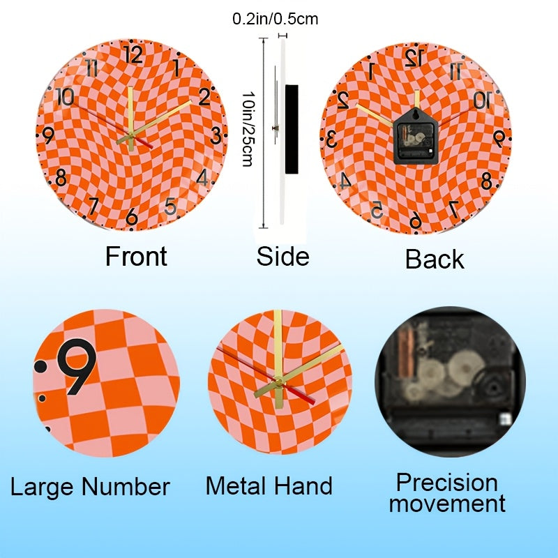 Horloge murale design 25 cm — Damier orange ondulé acrylique