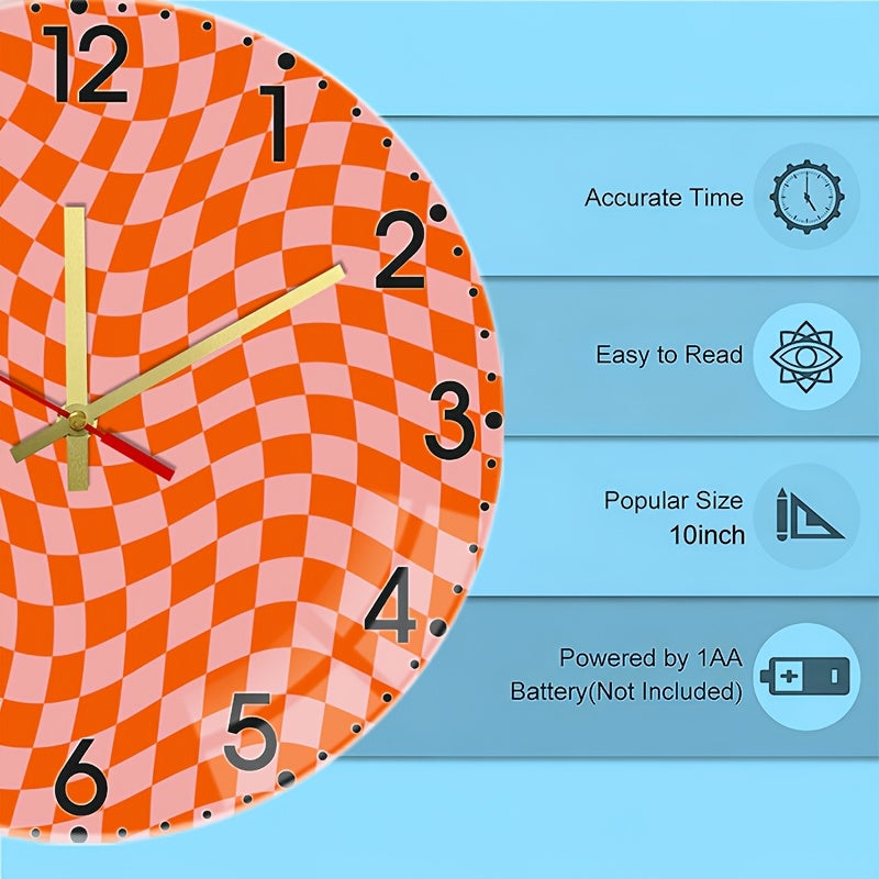 Horloge murale design 25 cm — Damier orange ondulé acrylique