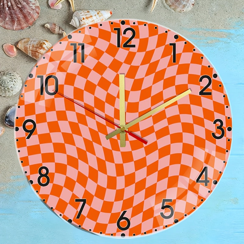 Horloge murale design 25 cm — Damier orange ondulé acrylique