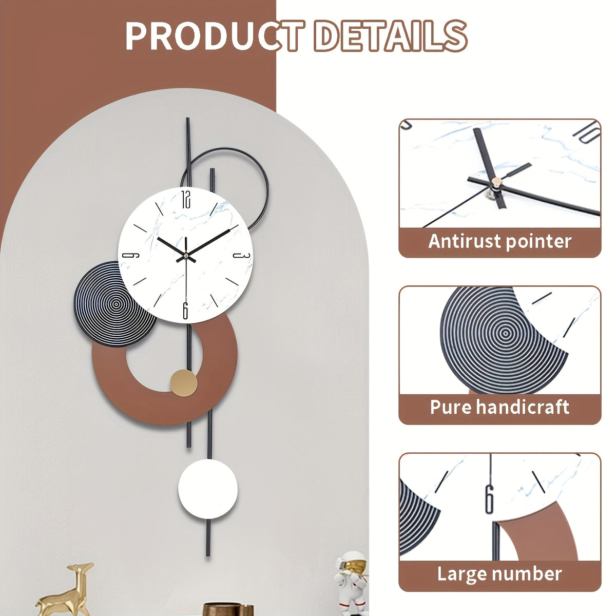 Horloge murale design en fer, cadran effet marbre 70 cm
