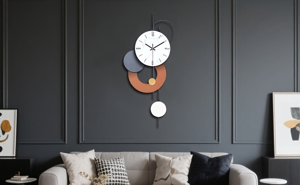 Horloge murale design en fer, cadran effet marbre 70 cm