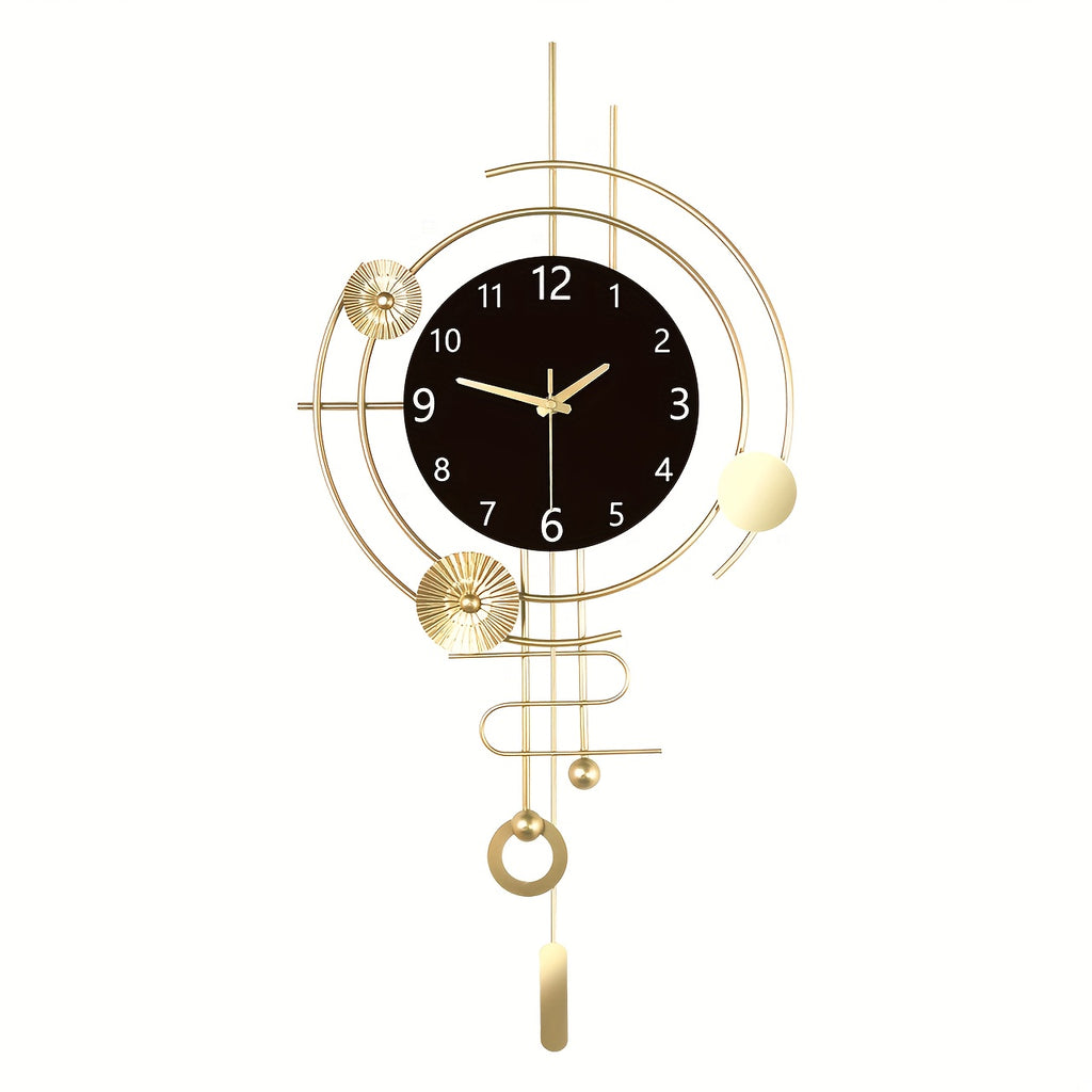 Horloge murale dorée à cadran noir, pendule et cercles ajourés