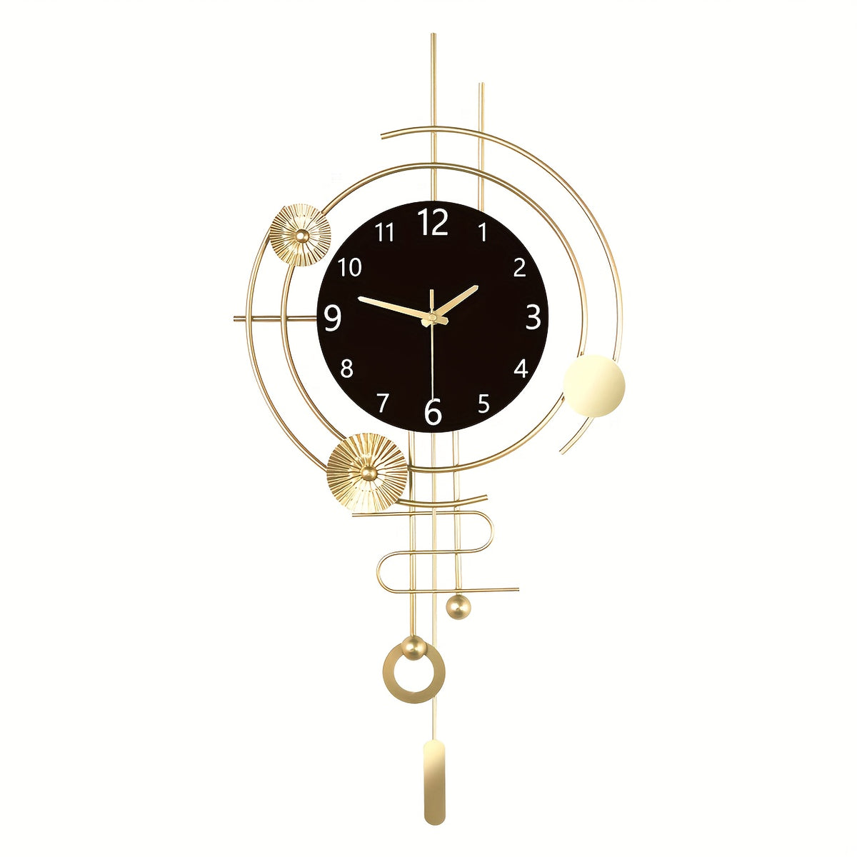 Horloge murale dorée à cadran noir, pendule et cercles ajourés