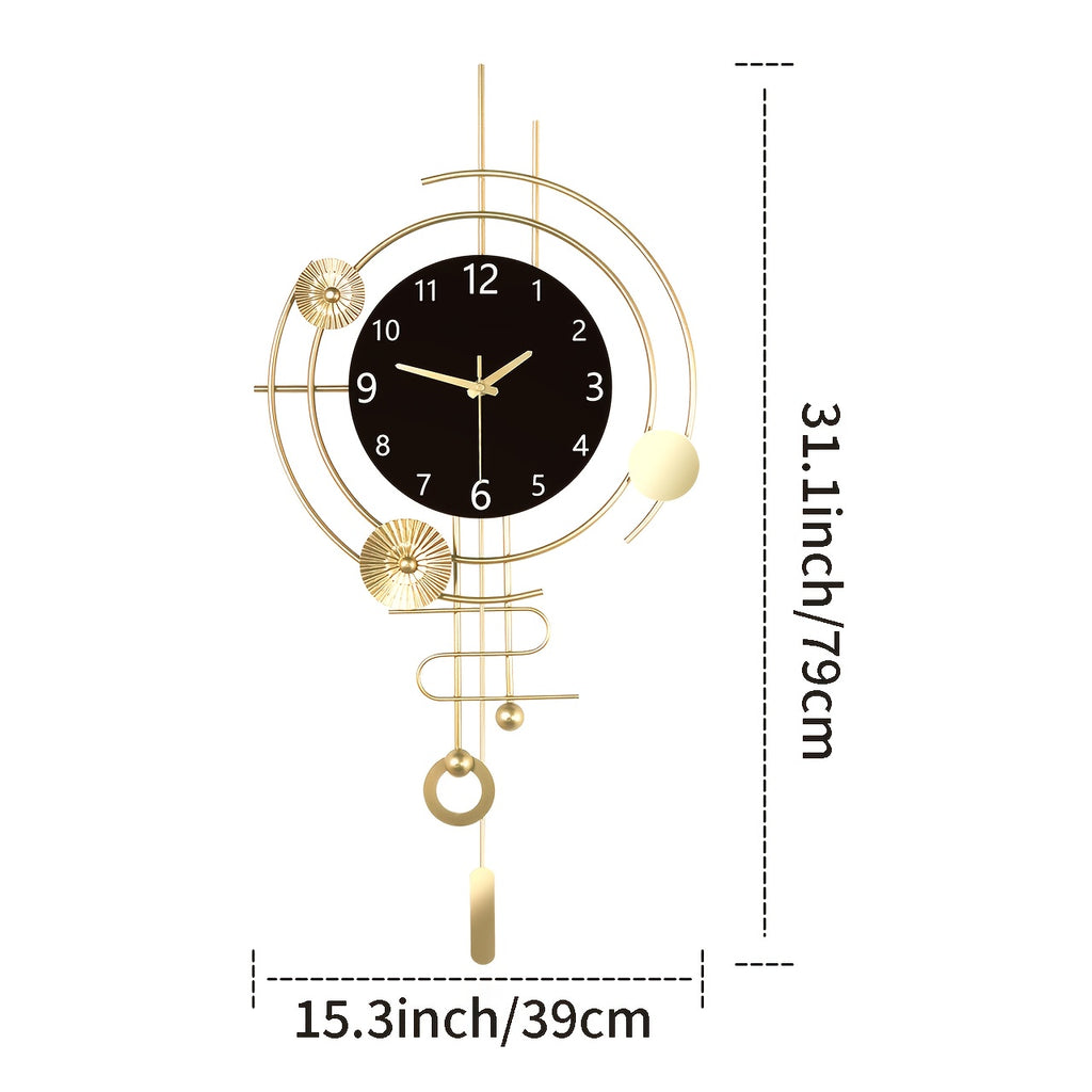 Horloge murale dorée à cadran noir, pendule et cercles ajourés