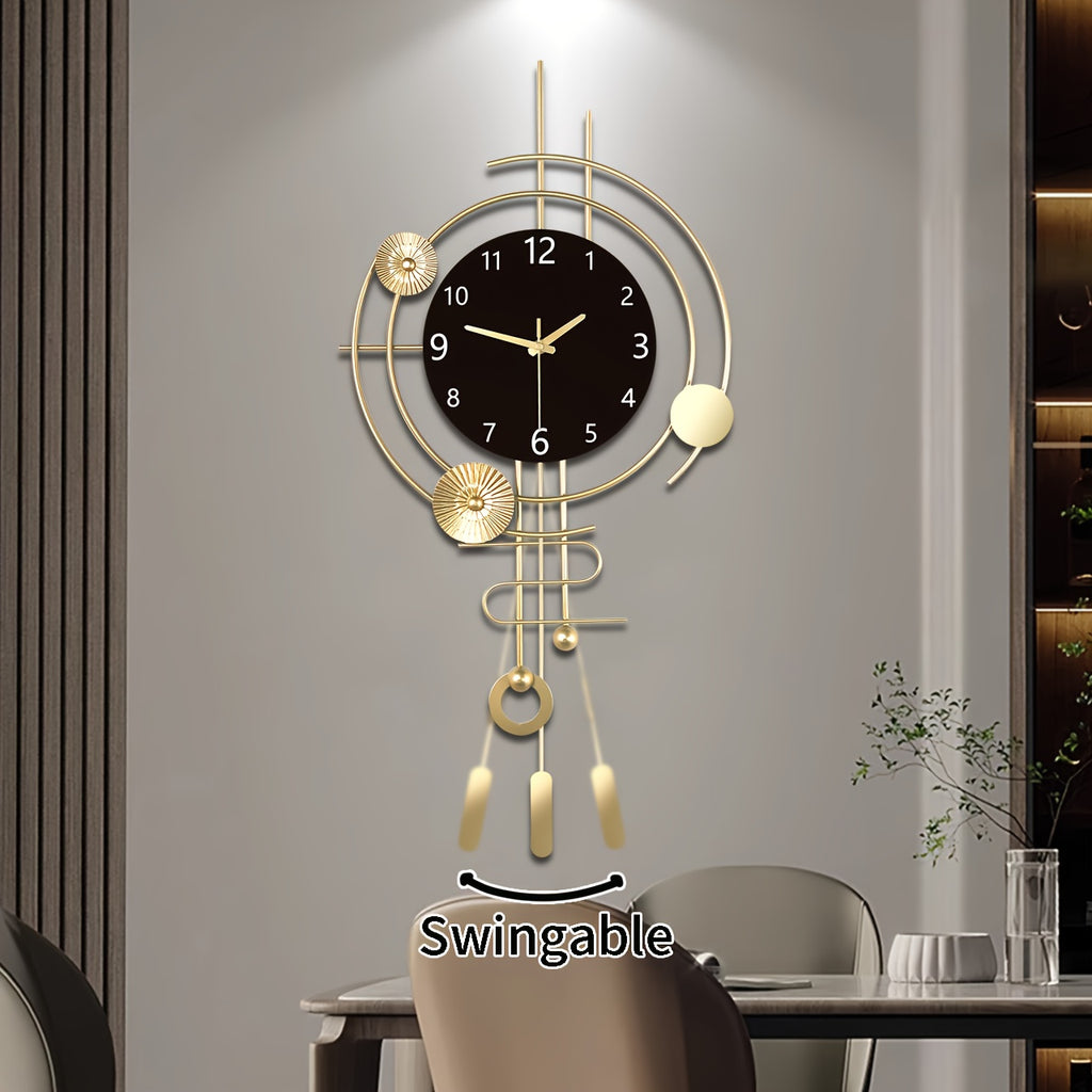 Horloge murale dorée à cadran noir, pendule et cercles ajourés