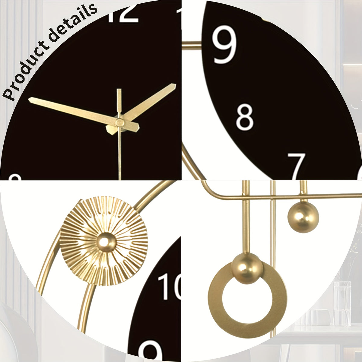 Horloge murale dorée à cadran noir, pendule et cercles ajourés