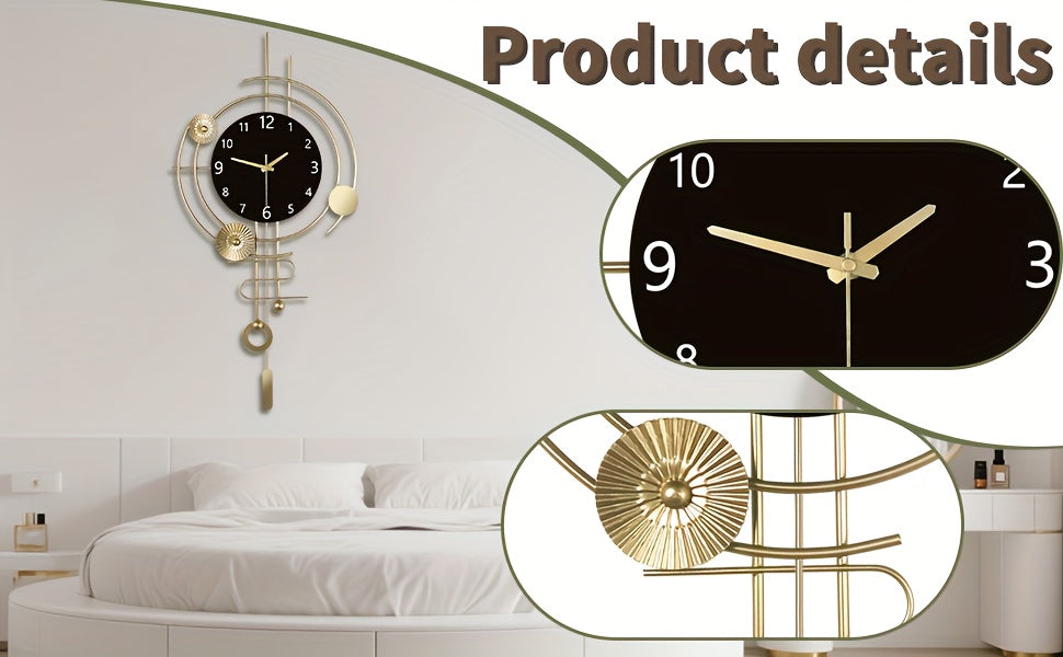 Horloge murale dorée à cadran noir, pendule et cercles ajourés