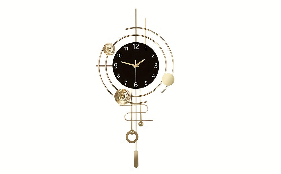 Horloge murale dorée à cadran noir, pendule et cercles ajourés