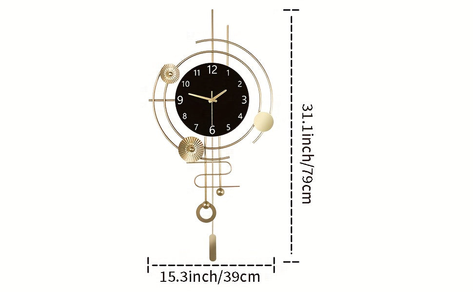 Horloge murale dorée à cadran noir, pendule et cercles ajourés
