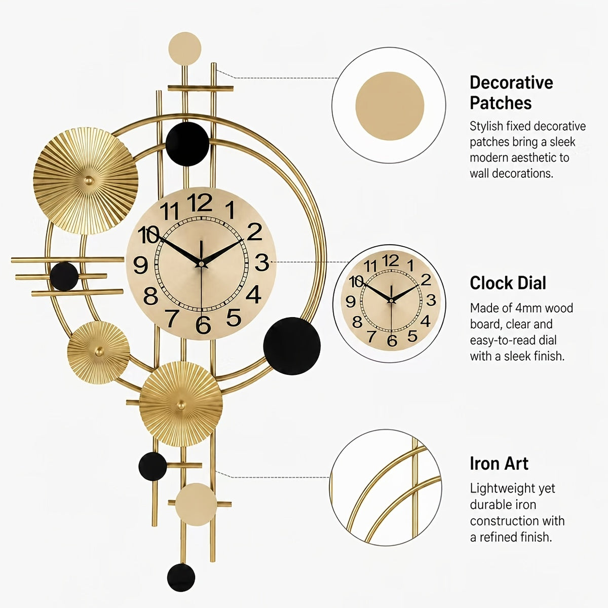Horloge murale design dorée à disques plissés et cercles ouverts