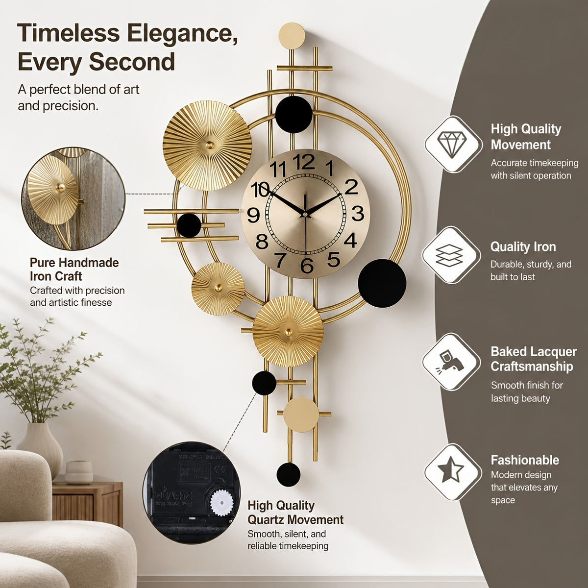 Horloge murale design dorée à disques plissés et cercles ouverts
