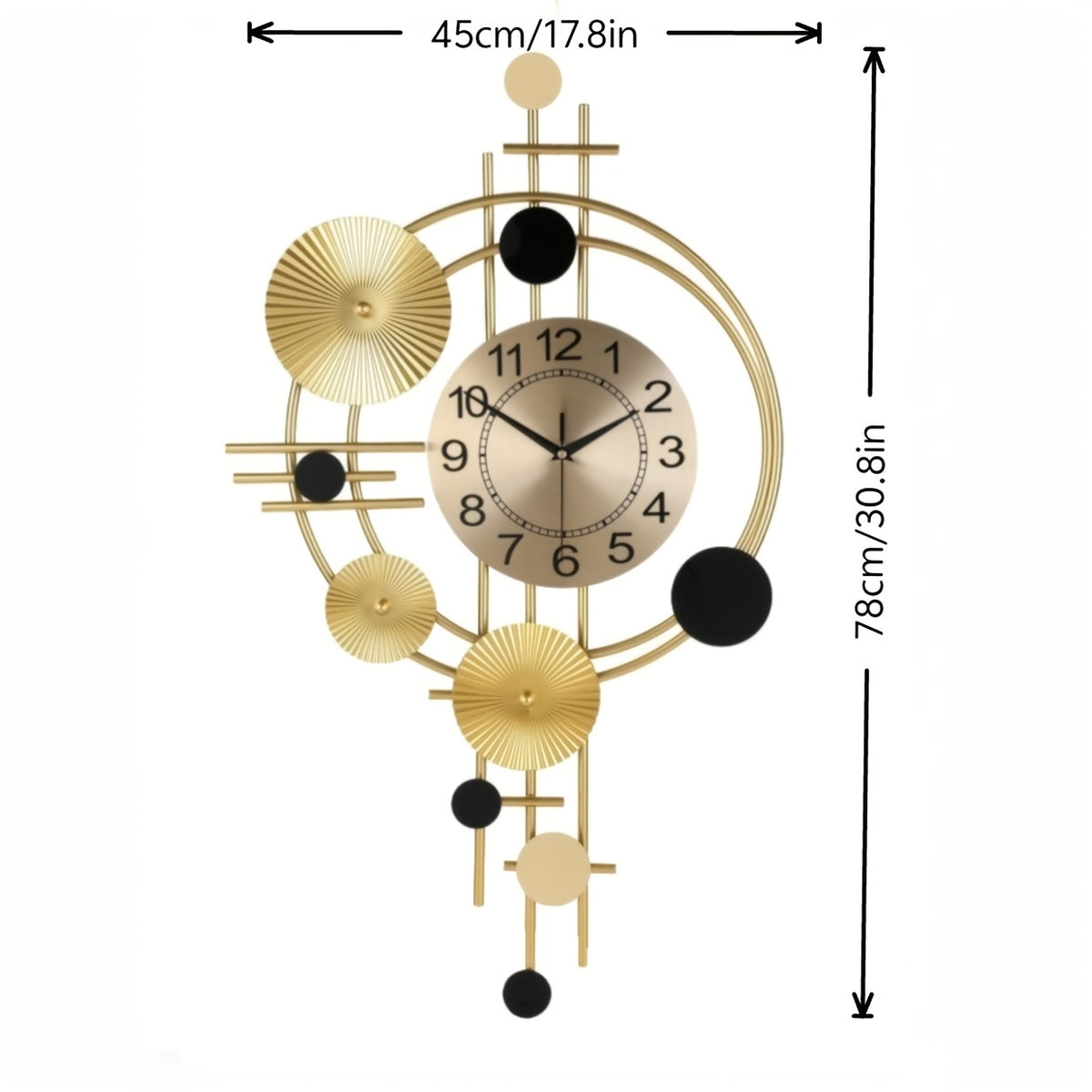 Horloge murale design dorée à disques plissés et cercles ouverts