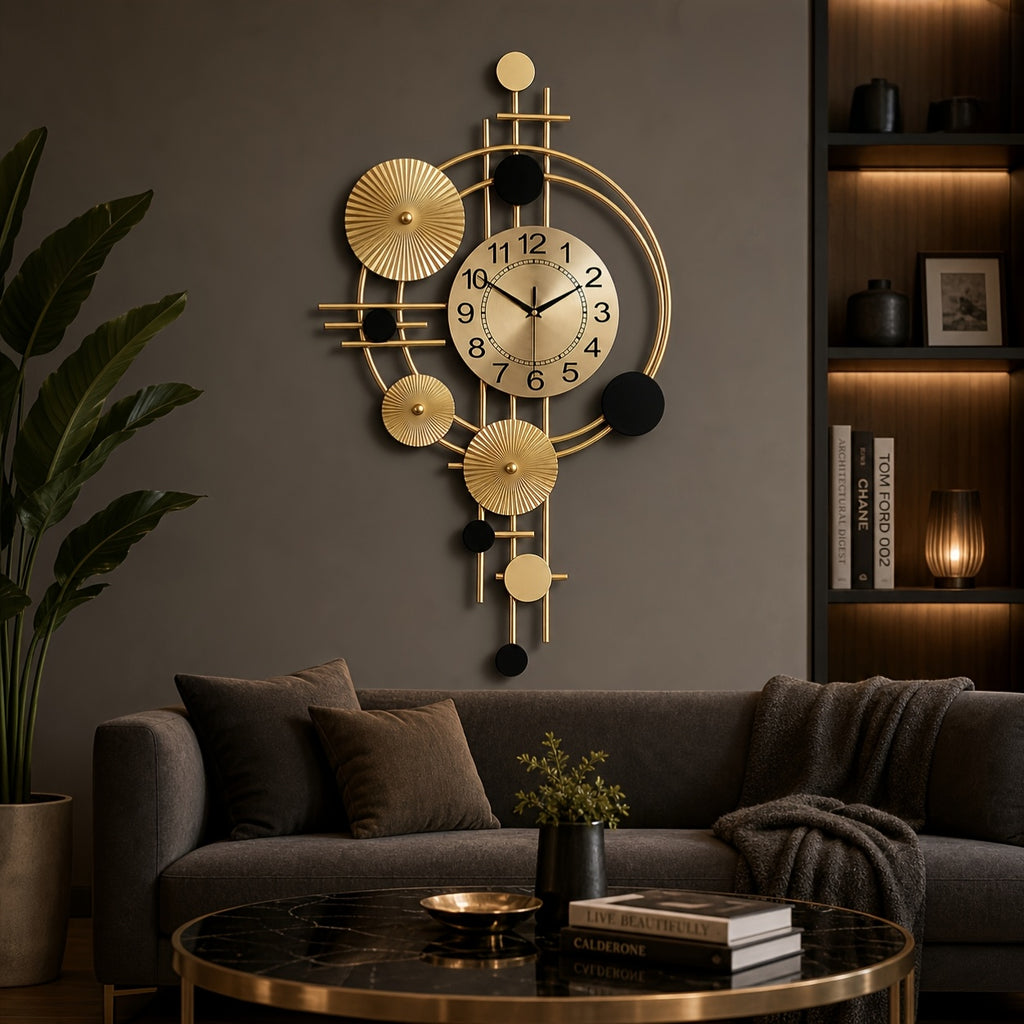 Horloge murale design dorée à disques plissés et cercles ouverts