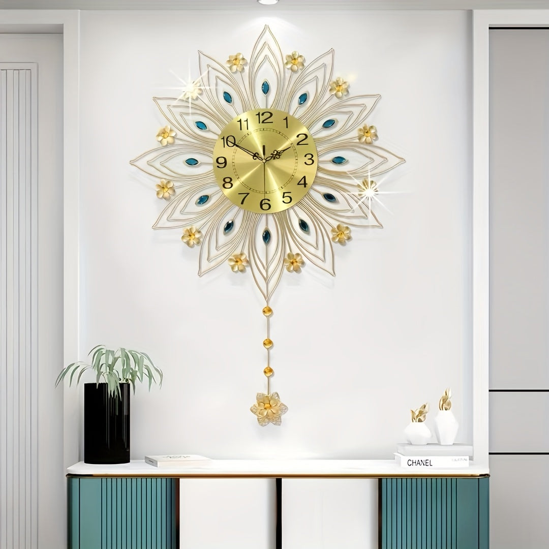Horloge murale dorée en éventail à cristaux bleus, 62 cm