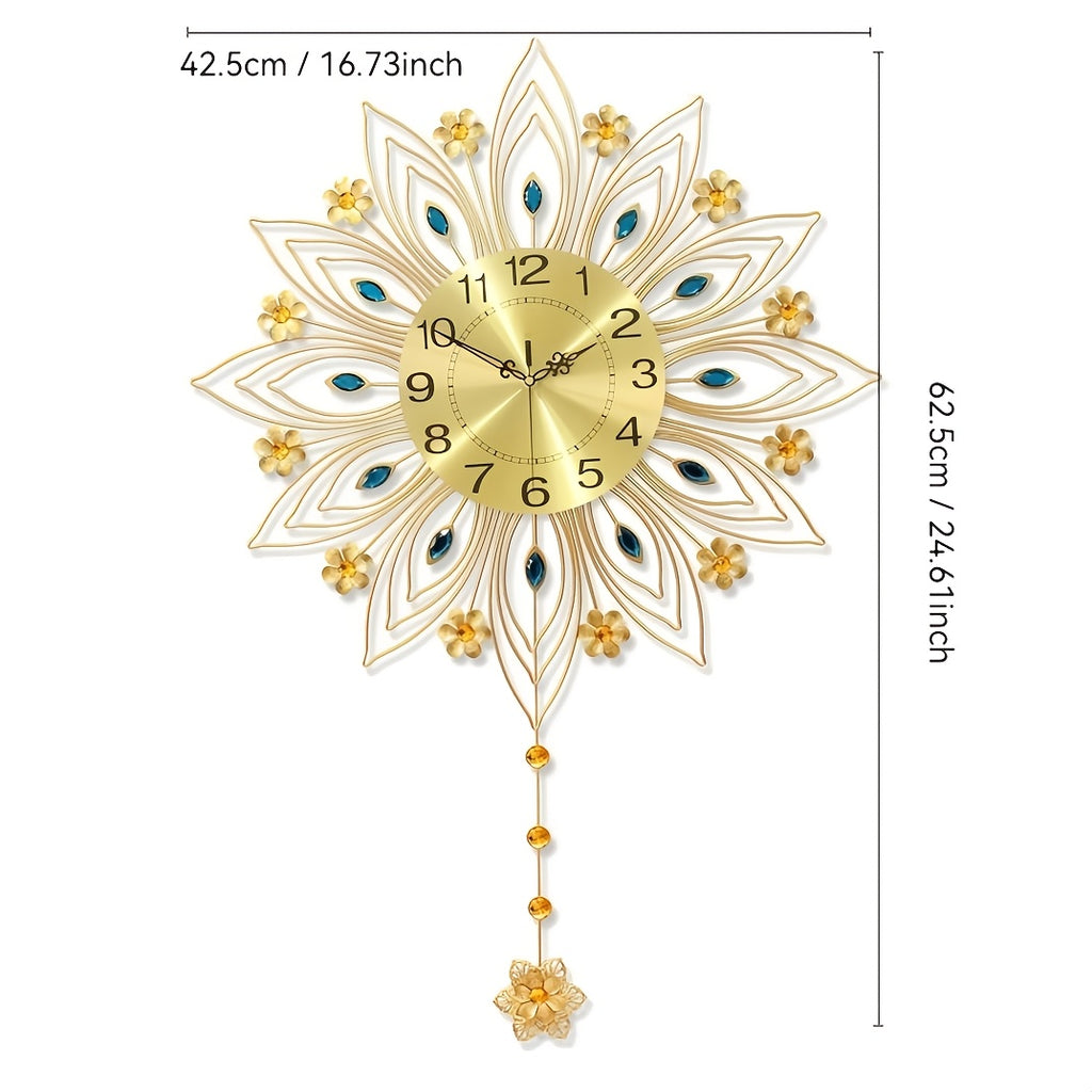 Horloge murale dorée en éventail à cristaux bleus, 62 cm