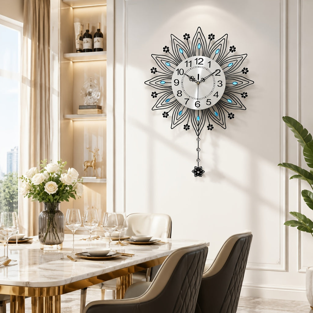 Horloge murale dorée en éventail à cristaux bleus, 62 cm