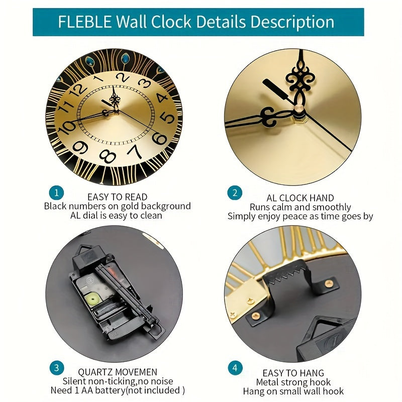 Horloge murale dorée en éventail à cristaux bleus, 62 cm