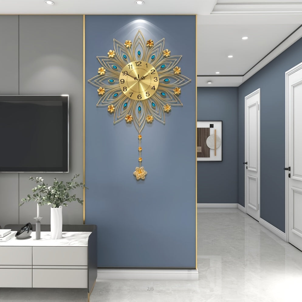 Horloge murale dorée en éventail à cristaux bleus, 62 cm