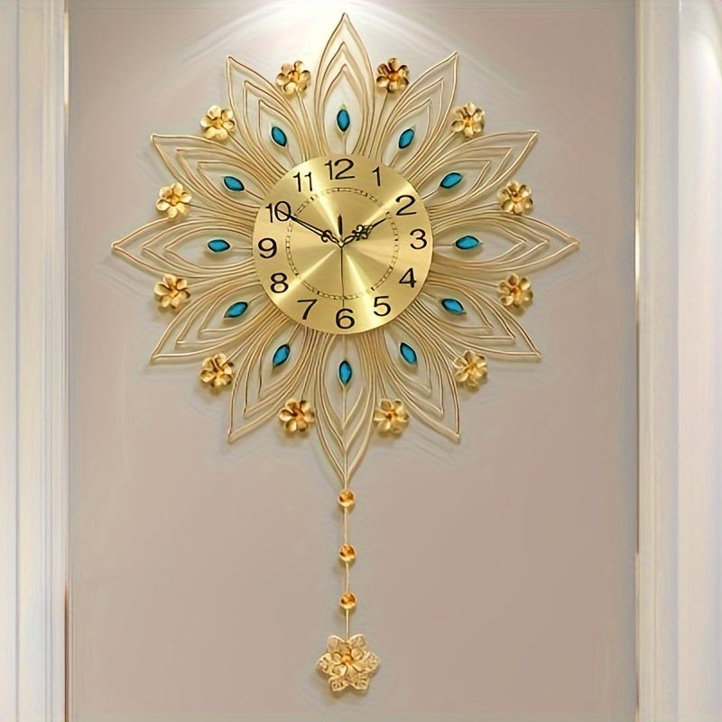 Horloge murale dorée en éventail à cristaux bleus, 62 cm