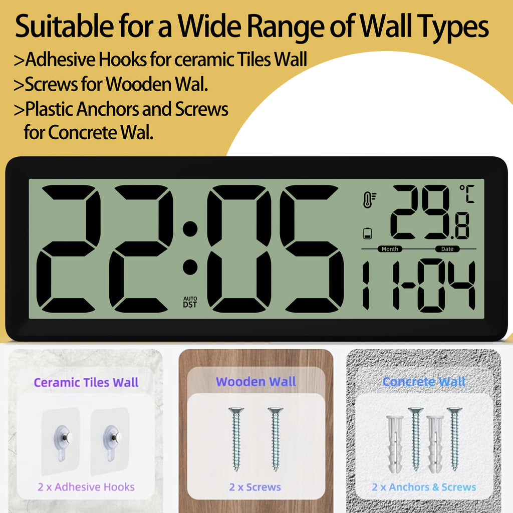 Horloge murale LCD à repère de perçage, noire ou blanche