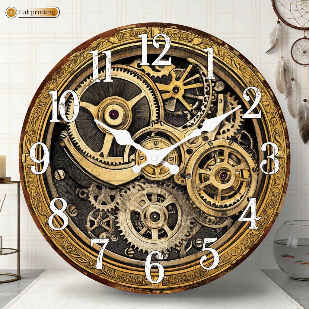 Horloge murale engrenages dorés en bois pour salon, 4 tailles