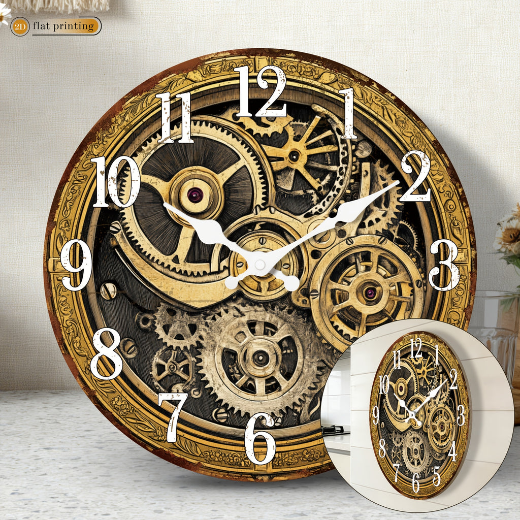 Horloge murale engrenages dorés en bois pour salon, 4 tailles
