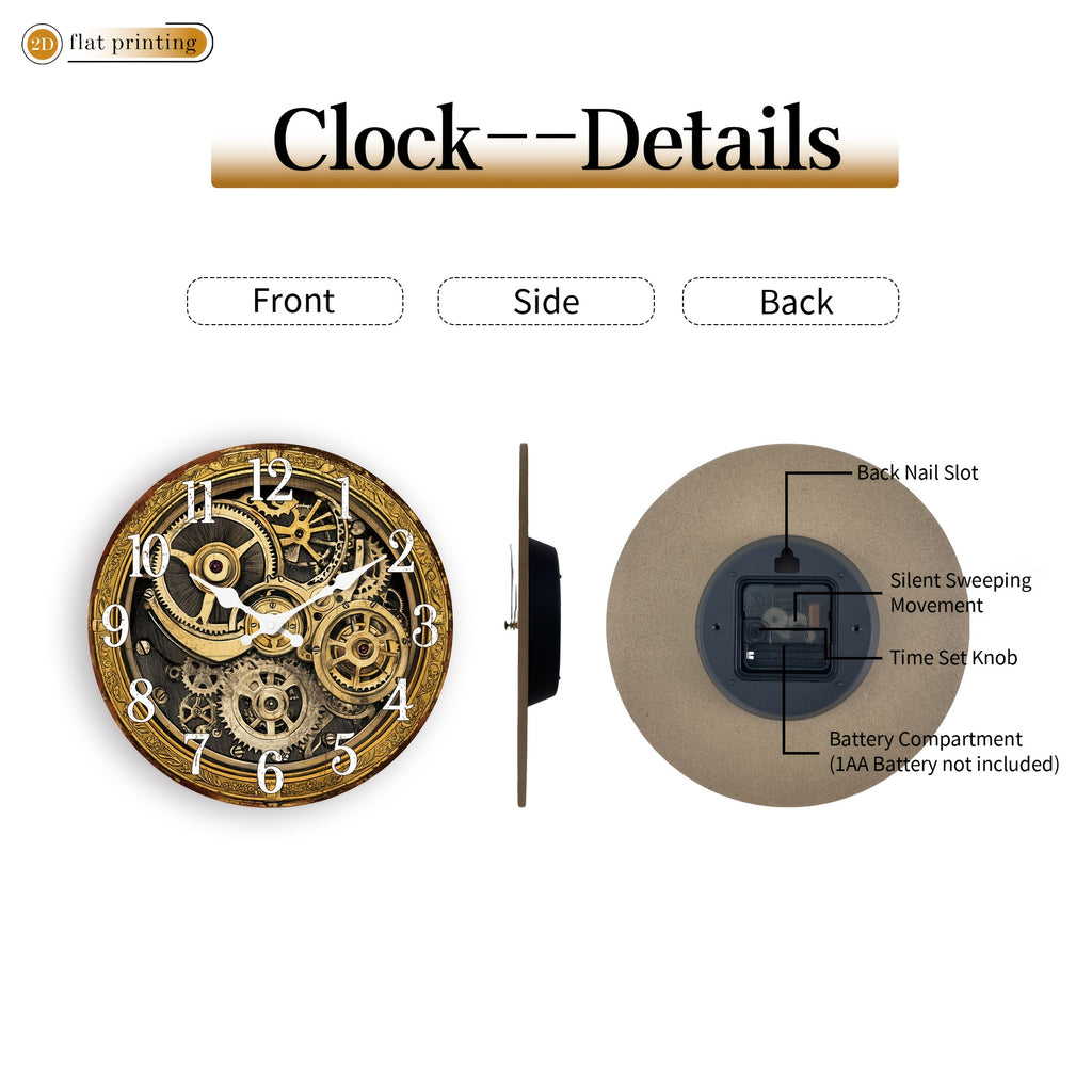 Horloge murale engrenages dorés en bois pour salon, 4 tailles
