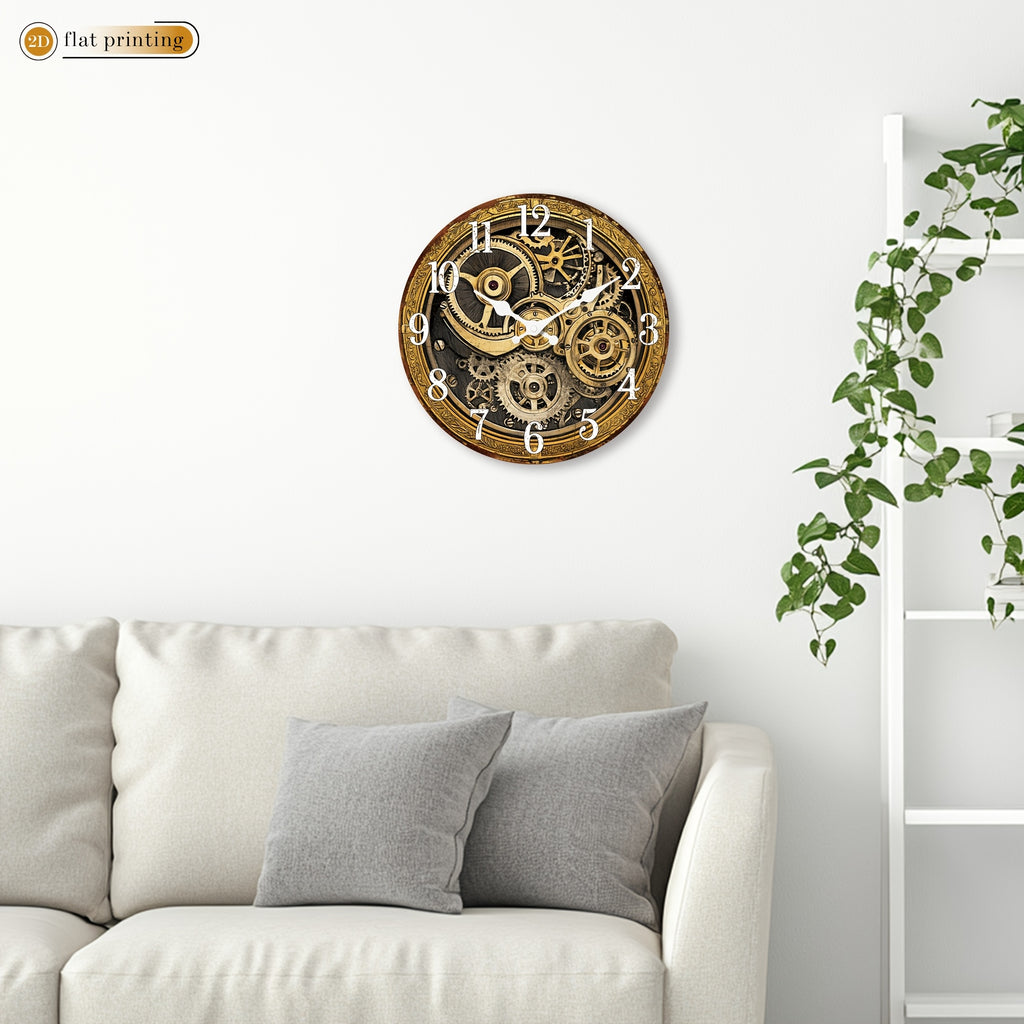 Horloge murale engrenages dorés en bois pour salon, 4 tailles