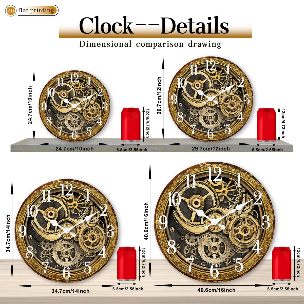 Horloge murale engrenages dorés en bois pour salon, 4 tailles