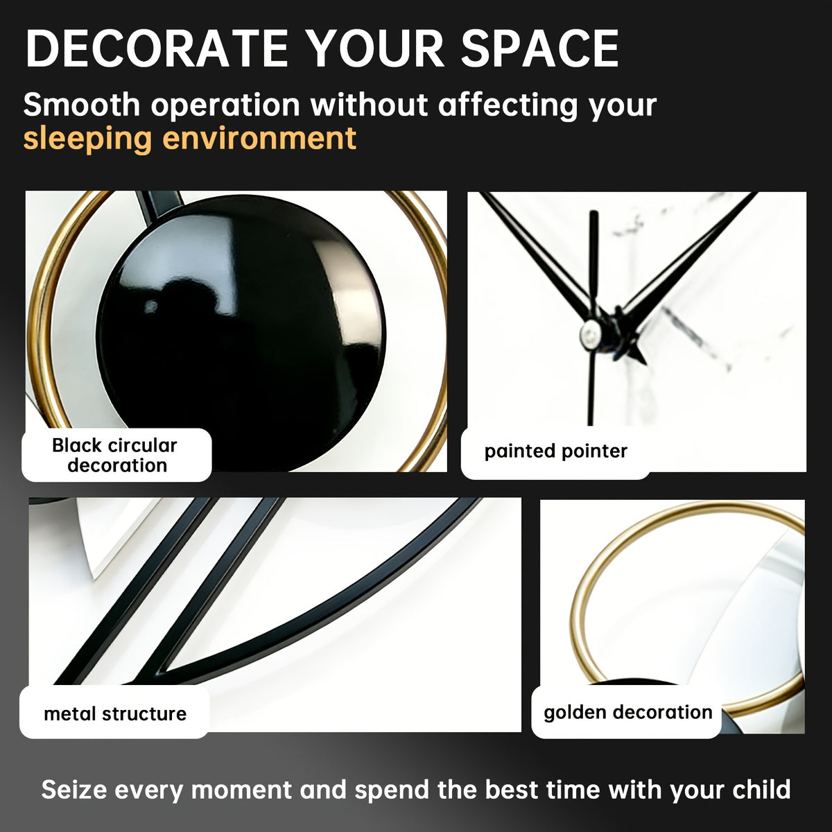 Horloge murale géante noir et blanc de 81 cm à cadran marbré