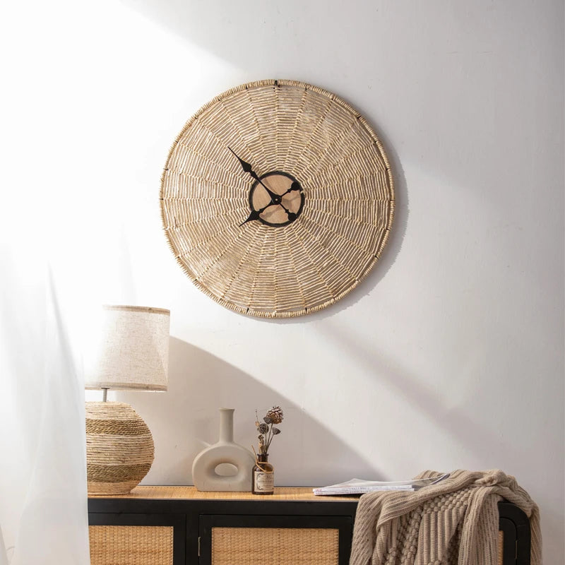 Horloge murale géante en rotin tressé 60 ou 80 cm, style boho