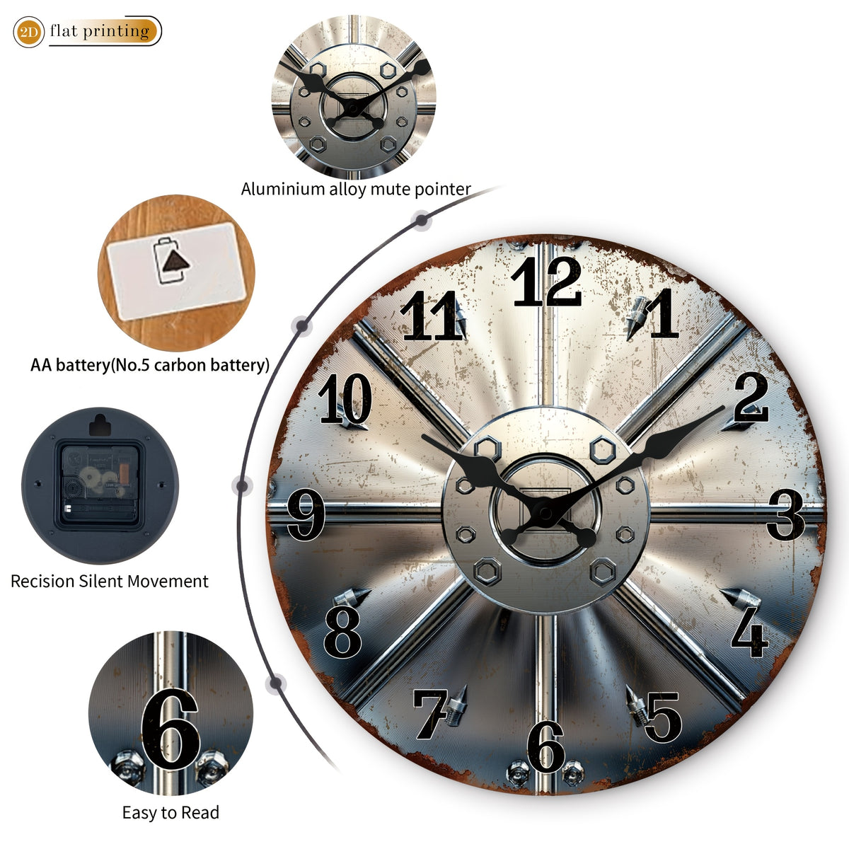 Horloge murale industrielle effet métal rouillé, 25 à 41 cm